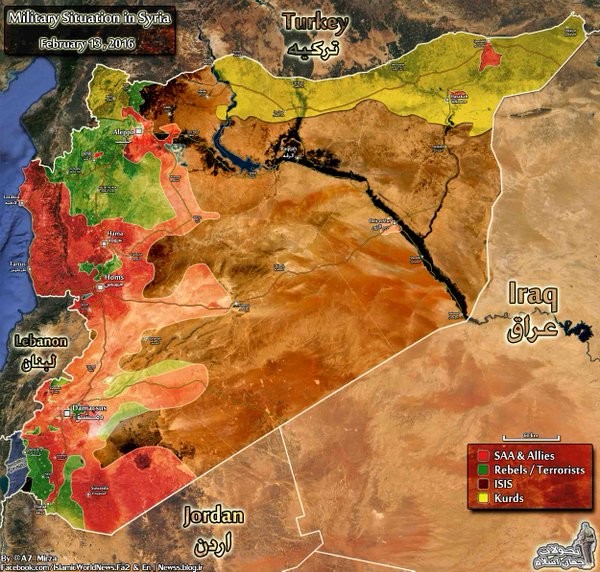 Tình hình phân bổ lực lượng trên chiến trường Syria đến ngày 13.02.2016