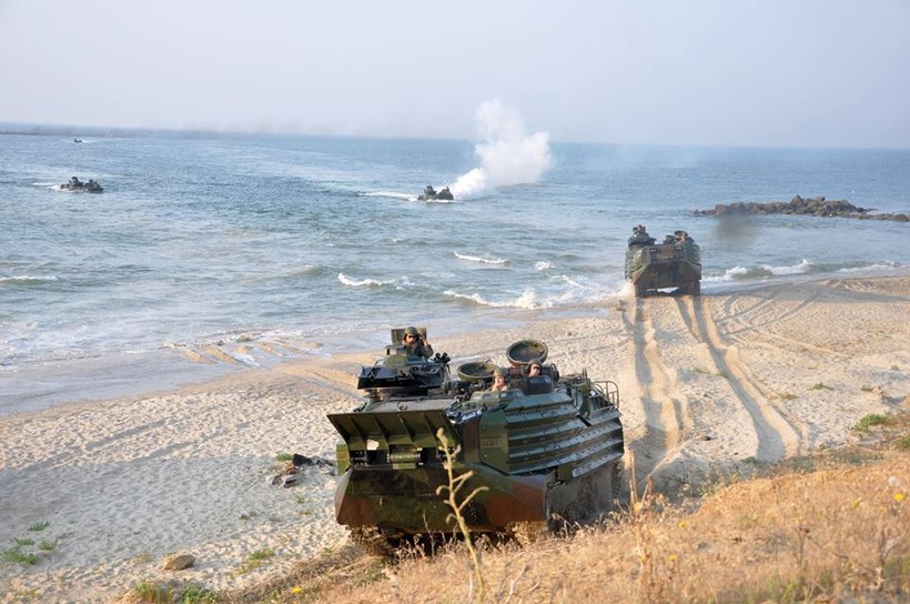 Xe thiết giáp đổ bộ của Lính thủy đánh bộ Mỹ trong cuộc diễn tập Sea Breeze 2016 của khối NATO trên bờ biển Odessa