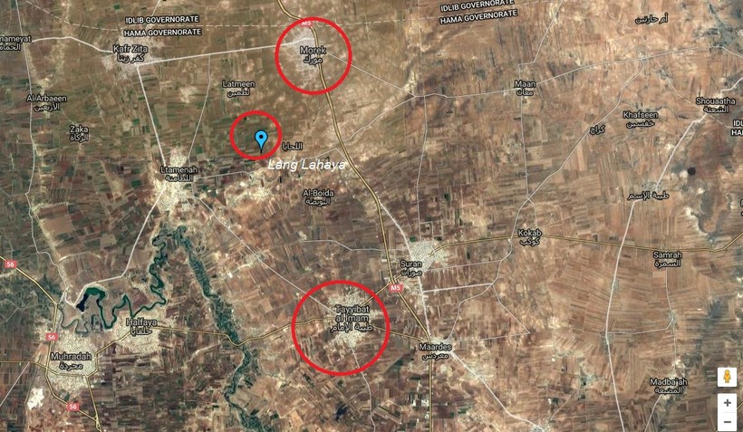 Bản đồ các mục tiêu then chốt trong kế hoạch phản công trên vùng đông bắc tỉnh Hama