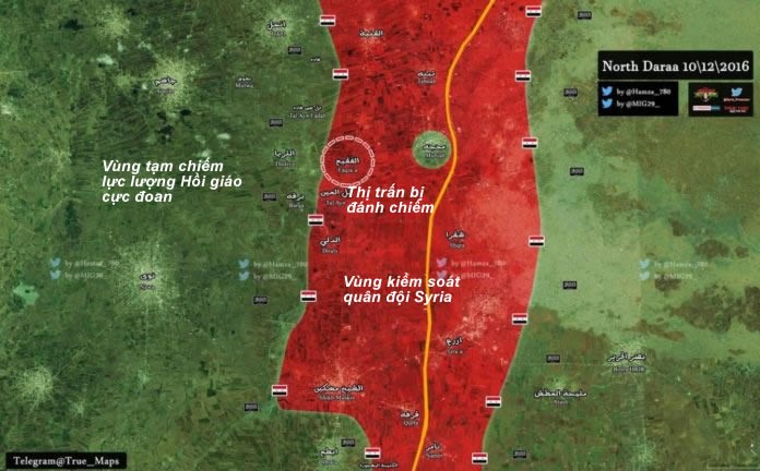 Bản đồ khu vực quân đội Syria đánh chiếm thị trấn Al-Faqiya ở Daraa