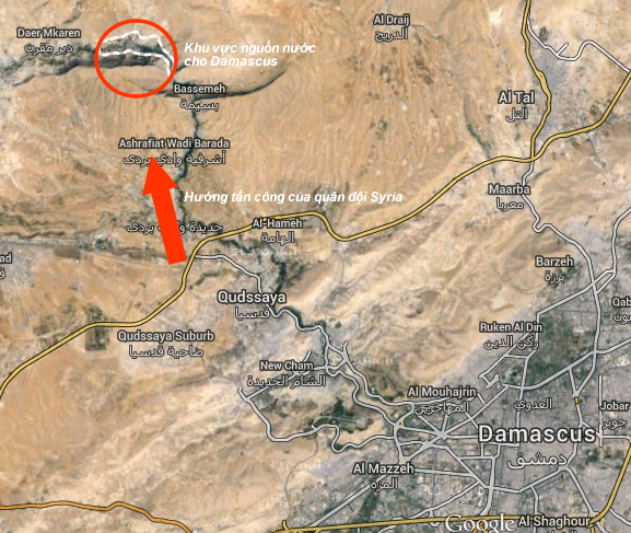 Quân đội Syria tấn công vào khu vực làng Wadi Barada ngoại ô Damascus 