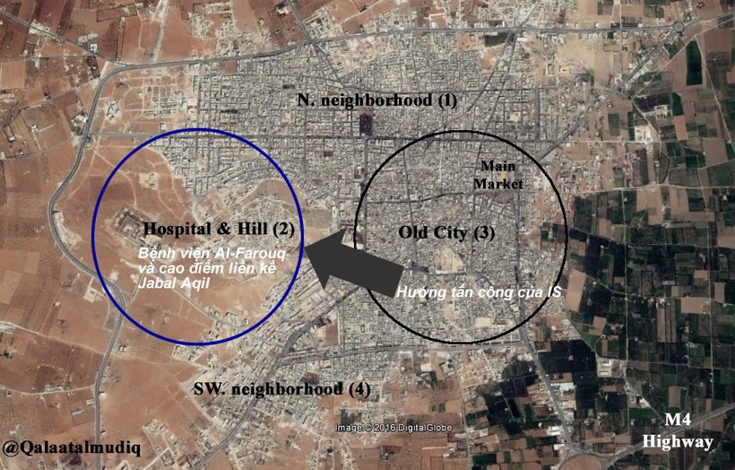 Bản đồ trận chiến al-Bab, hướng Bắc thành phố Aleppo
