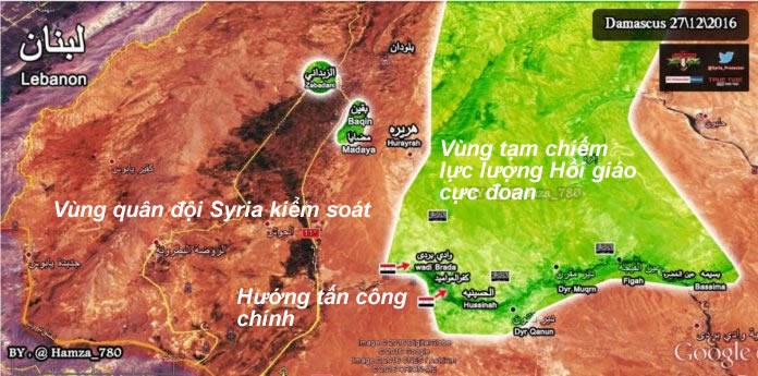 Bản đồ tình huống chiến trường khu vực làng Wadi Barada ngoại ô Damascus