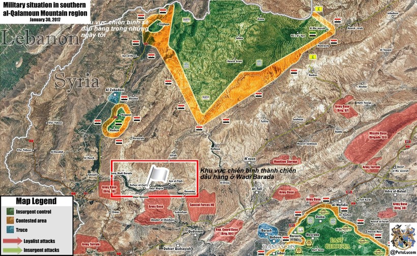 Bản đồ chiến sự vùng ngoại ô Damascus gần biên giới Lebanon, lực lượng chiến binh thánh chiến tiếp tục đầu hàng và giao nộp vũ khí