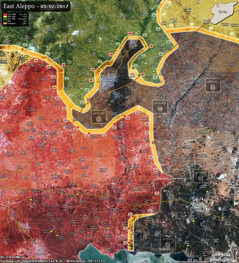 Chiến tuyến 3 bên quân đội Syria, Thổ Nhĩ Kỳ, IS tính đến ngày 05.02.2017