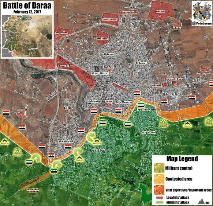 Bản đồ chiến sự thành phố Daraa, các cuộc tấn công của Al-Qaeda (mũi tên xanh) bị đánh lùi trong quận Al-Manshiah