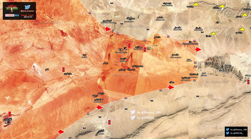 Bản đồ các mũi tiến công của quân đội Syria trên vùng sa mạc Palmyra