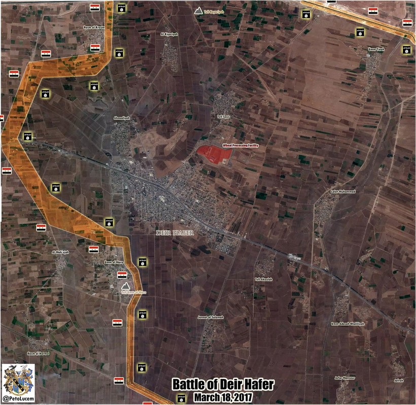 Chiến trường khu vực thị trấn Deir Hafer tính đến ngày 18.03.2017, quân đội Syria đang khép chặt vòng vây