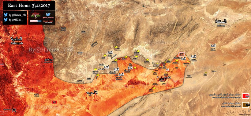 Bản đồ chiến sự ngoại ô Palmyra, vùng ô đánh dấu là cao điểm khống chế mỏ dầu Arak