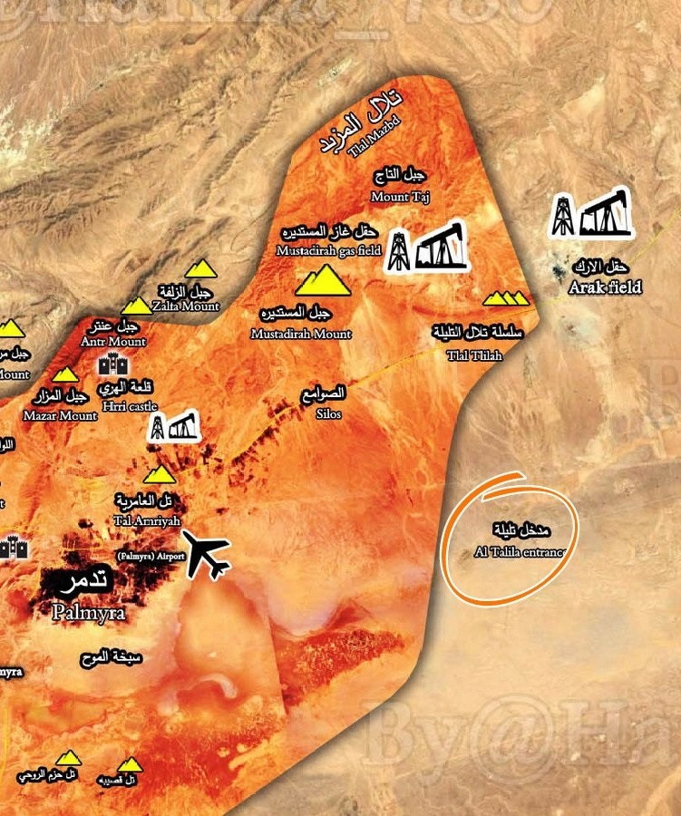 Bản đồ chiến sự phía đông Palmyra, khu vực vừa được quân đội Syria giải phóng