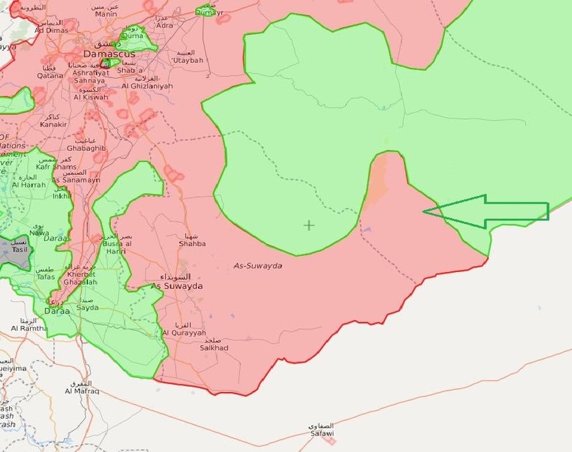 Sơ đồ mũi tấn công của lực lượng Hồi giáo cực đoan FSA đánh vào chiến tuyến của quân đội Syria trên tỉnh Sweida