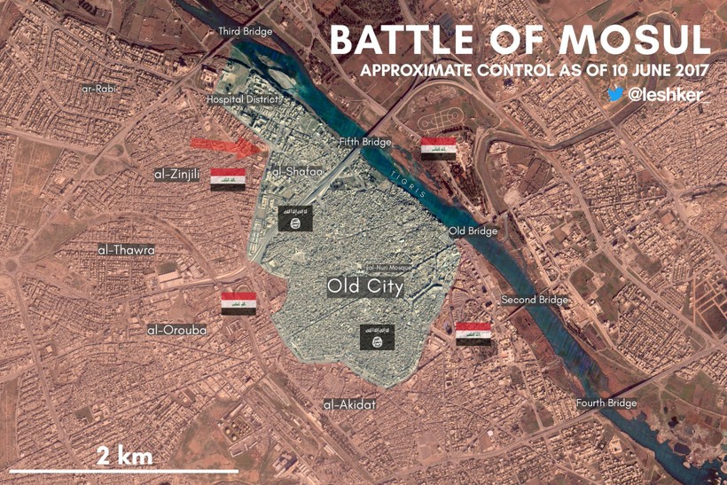 Bản đồ chiến sự thành phố Mosul, chỉ còn khu phố Thành cổ đang bị IS chiếm giữ