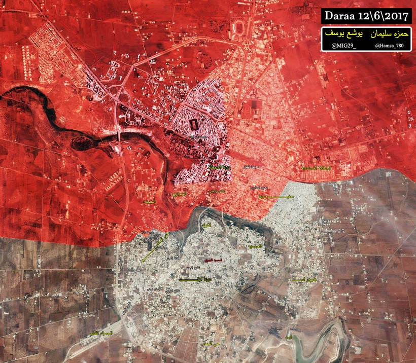 Bản đồ chiến sự thành phố Daraa, những địa danh mầu vàng là các khu phố mới được quân đội Syria giành lại