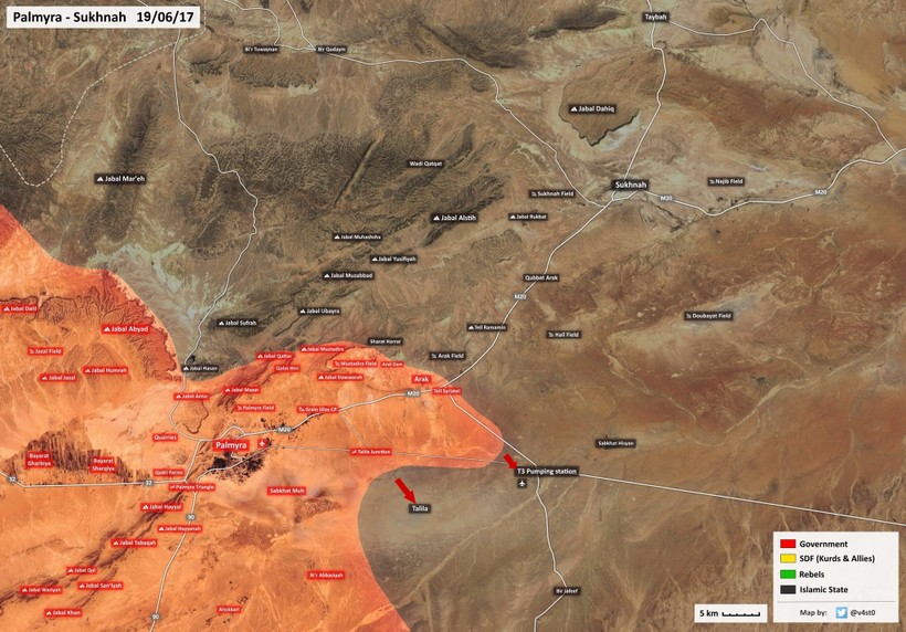 Bản đồ chiến sự phía đông Palmmyra, các đơn vị vũ trang Syria tấn công theo hướng trạm bơm T3 và Talila