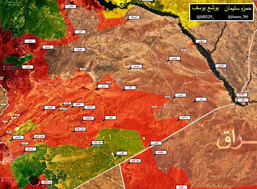 Bản đồ chiến sự tỉnh Homs, khu vực mỏ khí gas Arak trên hướng Deir Ezzor hầu như không phát triển lên được