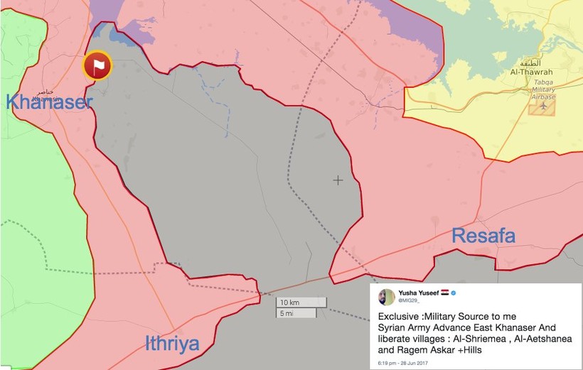 Vùng chiến trường phía đông tuyến đường huyết mạch Ethriyah - Khanasser đến Aleppo, khu vực đang bị IS chiếm đóng