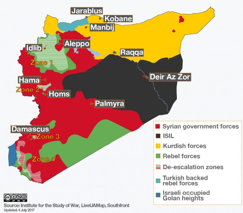 Những khu vực an toàn phía tây nam Syria theo thỏa thuận ngừng bắn được Nga, Mỹ và Jordan hậu thuẫn