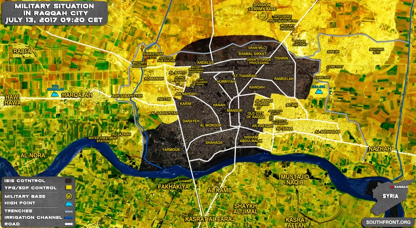 Chiến trường Raqqa tính đến ngày 13.07.2017, phân bổ lực lượng giữa IS và SDF trong thành phố