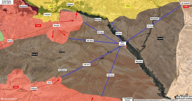 Các hướng tấn công IS và khoảng cách về thành phố Deir Ezzor trên chiến trường sa mạc phía đông tỉnh Homs