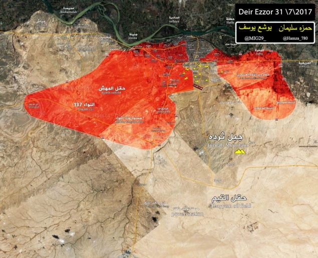 Bản đồ tình hình chiến sự thành phố Deir Ezzor tính đễn ngày 31.07.2017 - Ảnh Masdar News