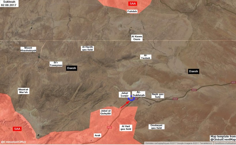 Bản đồ vùng chiến sự thị trấn Al-Sukhnah, sa mạc phía đông tỉnh Homs