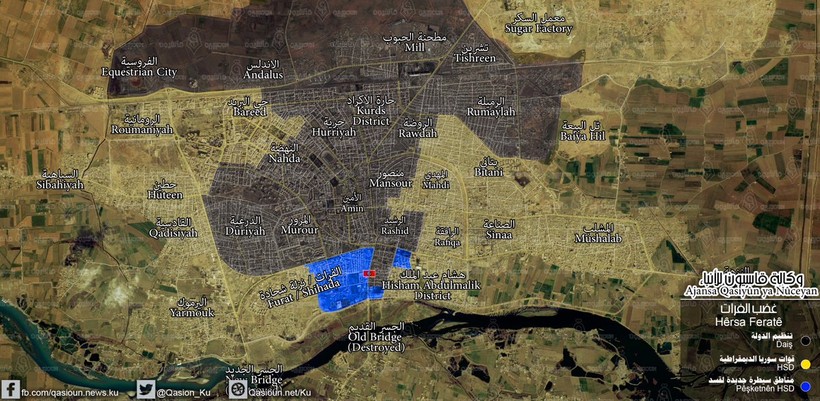 Chiến trường Raqqa tính đến ngày 10.08.2017 theo tuyên bố của lực lượng SDF, vùng màu xanh là khu phố mà lực lượng SDF vừa giành được