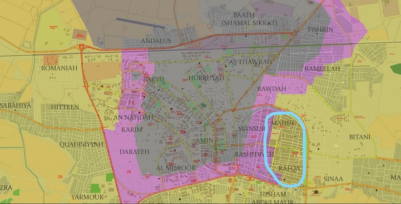 Bản đồ tình hình chiến sự Raqqa, khu khoanh vòng là địa bàn mới được lực lượng SDF tấn chiếm trong ngày 13.08.2017 - Ảnh truyền thông Rojava