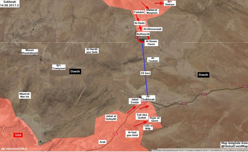 Còn lại khoảng 30 km giữa 2 chiến tuyến của quân đội Syria trên vùng sa mạc tỉnh Homs - ảnh Mardar