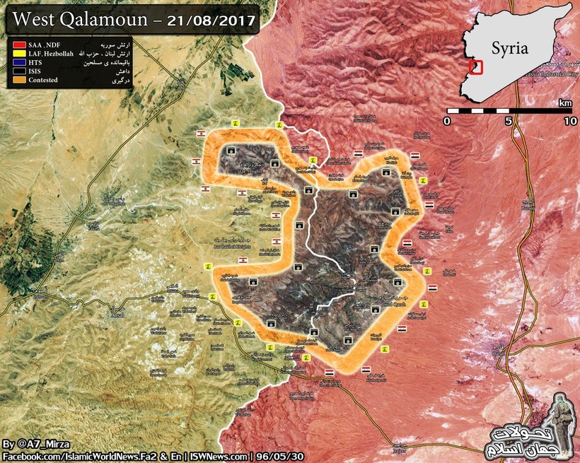 Bản đồ tình hình chiến sự trên vùng biên giới Lebanon - Syria tính đến cuối ngày 21.08.2017 theo Masdar News