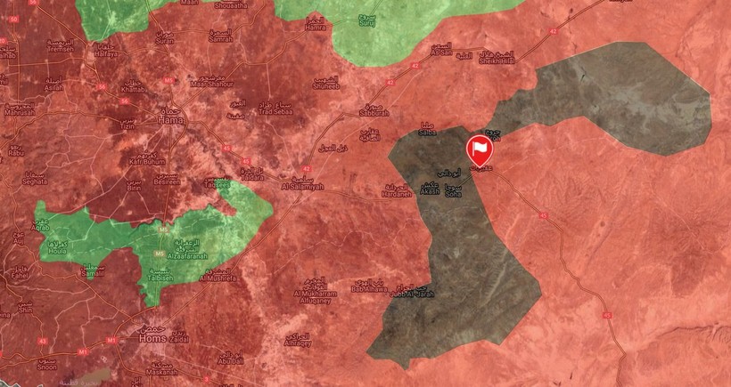 Bản đồ chiến sự khu vực vòng vây thị trấn Uqayribat trên vùng bán sa mạc miền đông Hama. Vị trí cờ là thị trấn  Uqayribat - bản đồ Masdar News. 