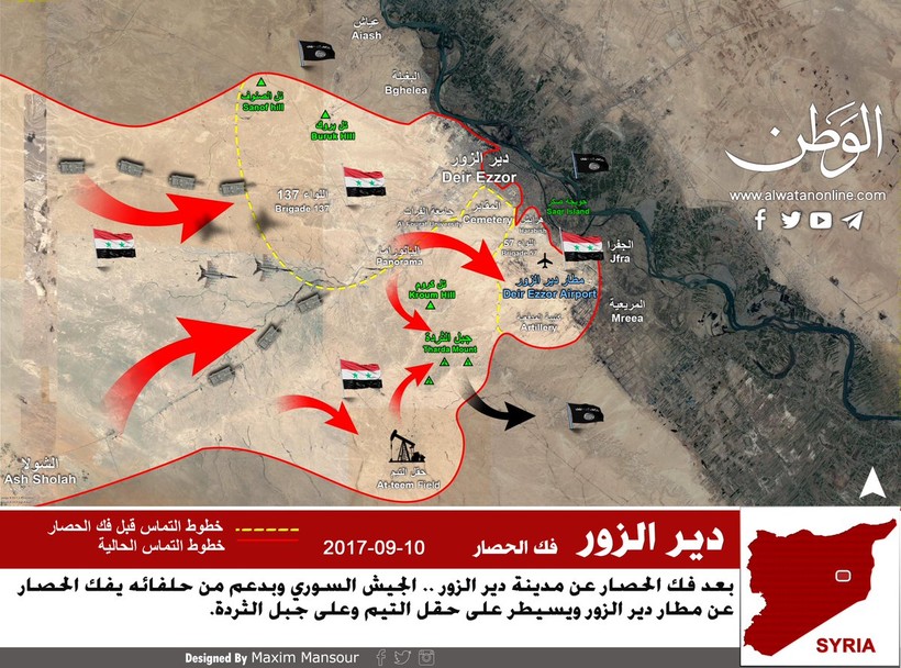 Sơ đồ cuộc tiến công của quân đội Syria trên hướng phía bắc thành phố Deir Ezzor - ảnh Alwatanonline