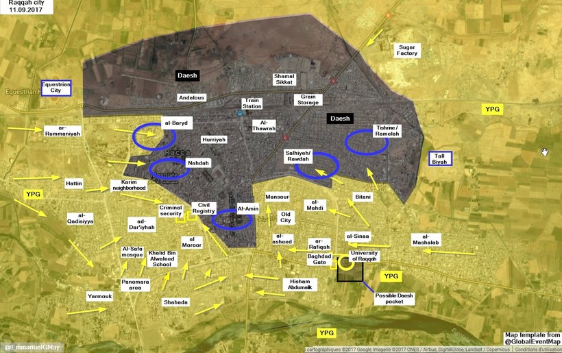 Bản đồ chiến sự tình hình thành phố Raqqa, vòng xanh là những khu vực đang diễn ra chiến sự - ảnh South Front