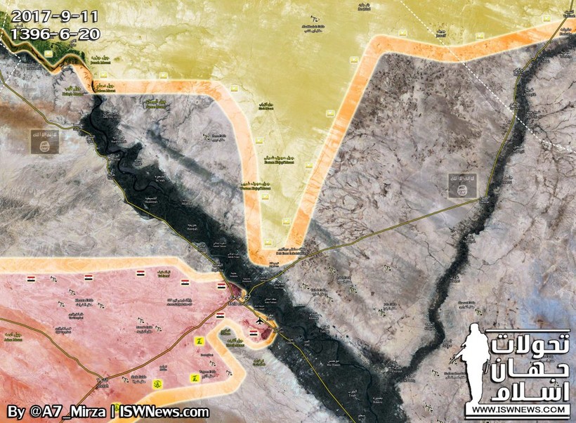 Bản đồ khu vực chiến sự vùng Deir Ezzor - lực lượng dân quân người Kurd tiến công vào ngoại ô thành phố sau chiến thắng của quân đội Syria