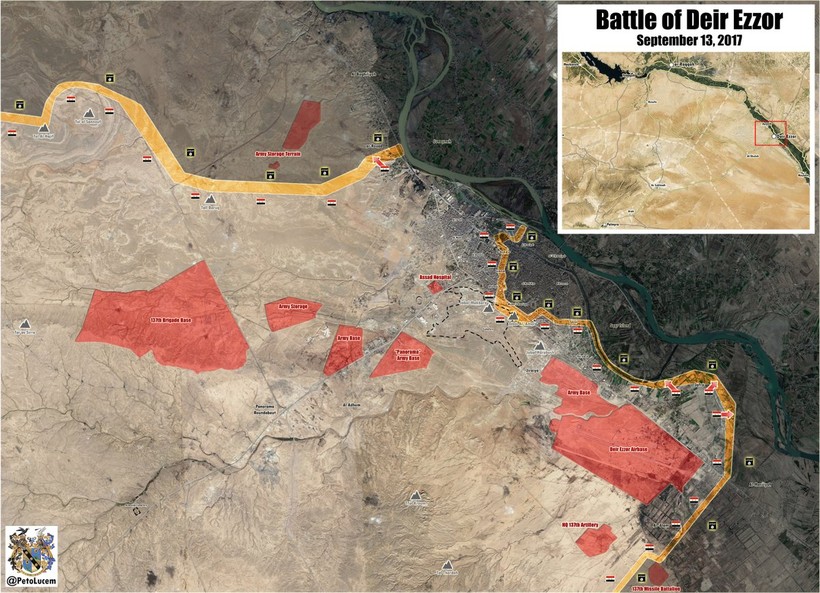Bản đồ thành phố Deir Ezzor, hướng tiến công của quân đội Syria nhằm giải phóng thành phố và tiến đến bờ sông Euphrates - ảnh Masdar News