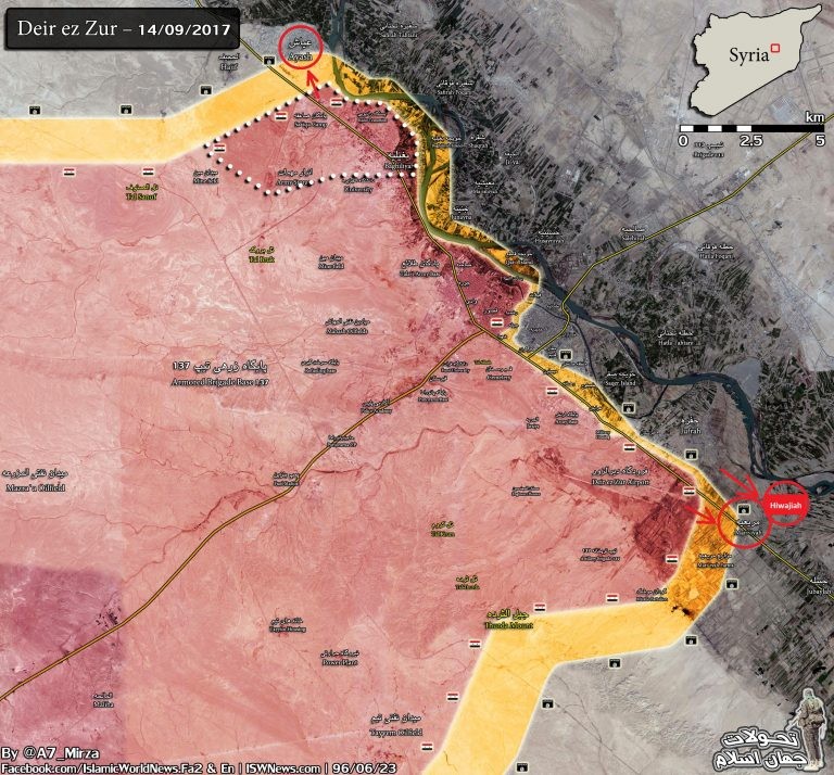 Bản đồ chiến sự thành phố Deir Ezzor, quân đội Syria tiến công trên cả 3 hướng tây, đông và đông nam thành phố. Ảnh South Front