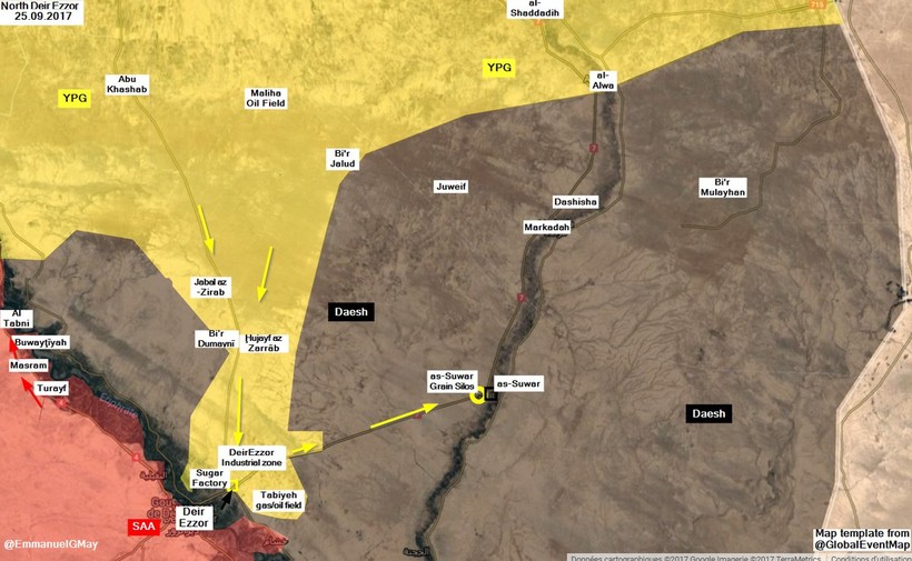 Bản đồ tình hình chiến sự ngày 25.09.2017, lực lượng SDF tiến công trên thung lũng phía đông Euphrates, IS chặn quân đội Syria - ảnh truyền thông người Kurd YPG