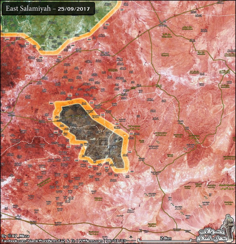Bản đồ tình hình chiến sự vùng sa mạc Homs - Hama tính đến ngày 25.09.2017 theo Masdar News