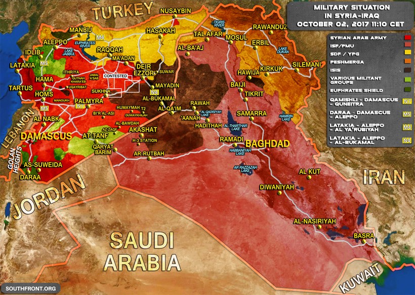 Bản đồ tình hình chiến sự Syria- iraq tính đến ngày 02.10.2017 theo South Front