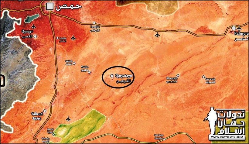 Thị trấn Al-Qaryatayn nằm sâu trong vùng sa mạc tỉnh Homs - bản đồ trang Muraselon