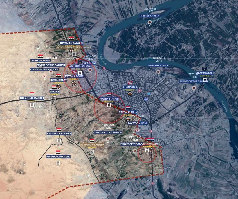 Bản đồ cuộc tấn công của quân đội Syria đánh vào thành phố Al-Mayadeen - ảnh Muraselon