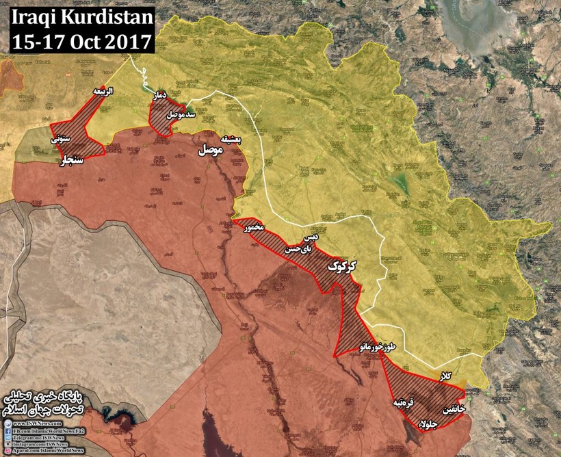 Bản đồ khu vực lực lượng vũ trang Iraq tiến chiếm từ các đơn vị Peshmerga - ảnh South Front