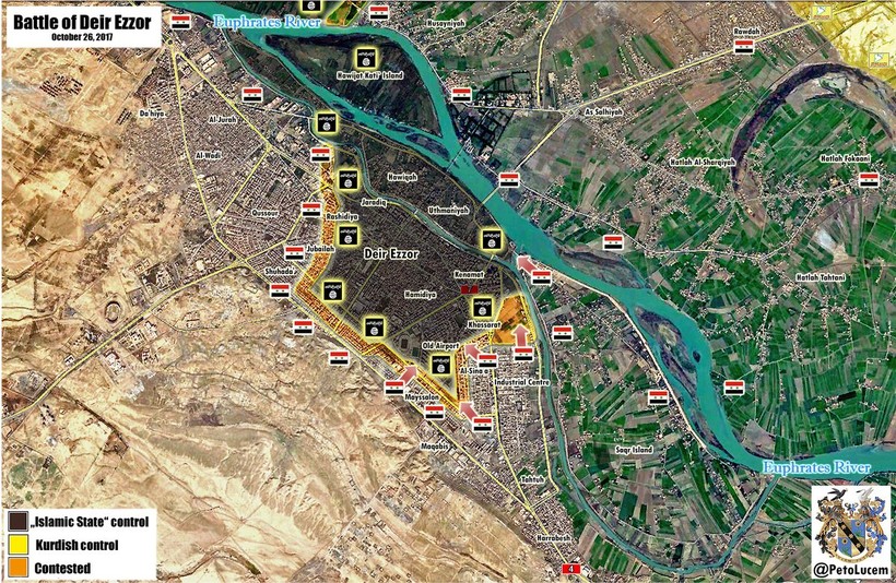 Bản đồ quân đội Syria tấn công trên đảo Saqr và khu công nghiệp thành phố Deir Ezzor - ảnh South Front