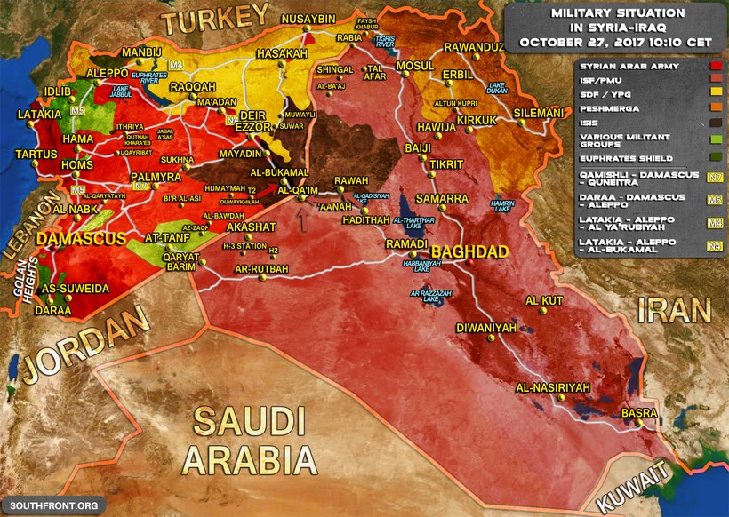 Bản đồ tình hình chiến sự Syria - Iraq ngày 27.10.2017 theo South Front