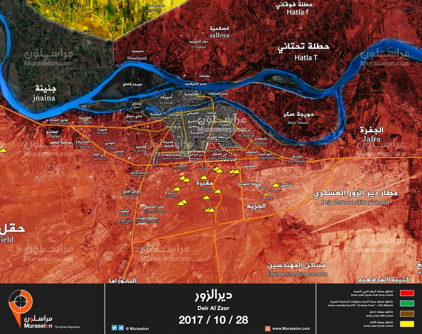 Bản đồ chiến sự thành phố Deir Ezzor, những khu vực quân đội Syria giải phóng ngày 28.10.2017 - ảnh Muraselon