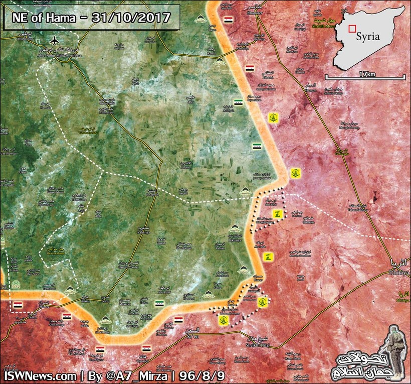 Bản đồ cuộc tấn công của quân đội Syria trên vùng đông bắc tỉnh Hama tính đến ngày 31.10.2017 - ảnh Masdar News