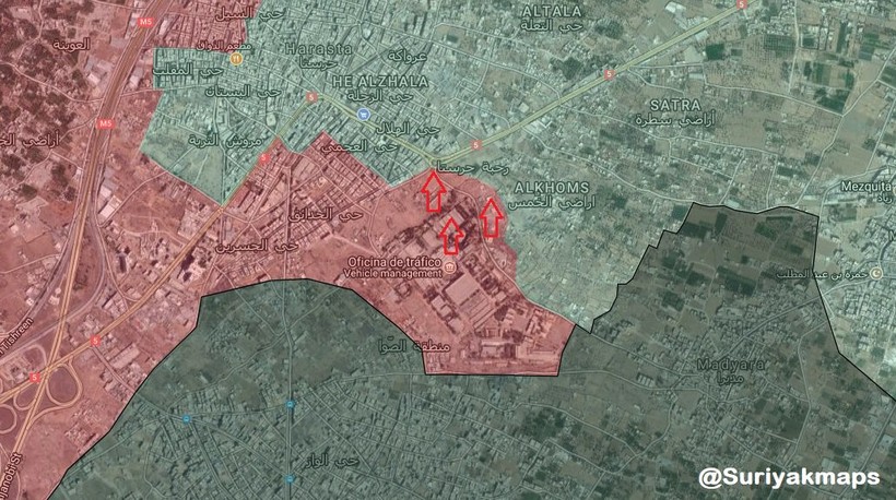 Bản đồ chiến sự khu vực căn cứ sân bay quận Harasta - Đông Ghouta - Damascus, ảnh Muraselon