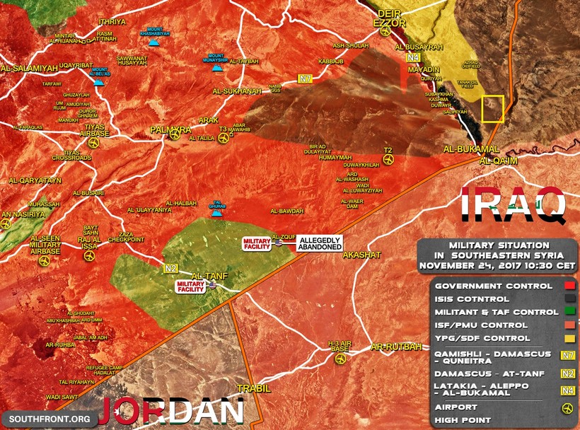 Bản đồ tình hình chiến sự Syria tính đến ngày 25.11.2017, ô vuông là khu vực SDF chiếm đóng - ảnh South Front