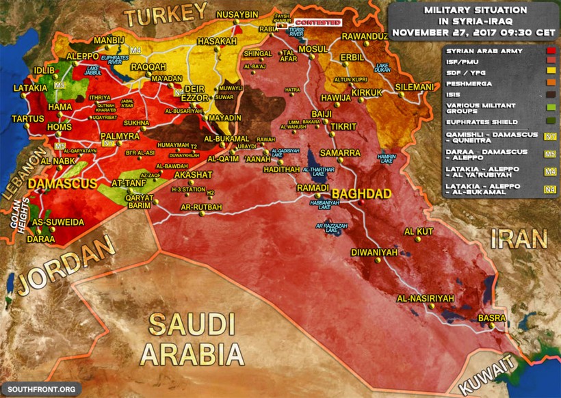 Bản đồ tình hình chiến sự Syria - Iraq tính đến ngày 27.11.2017 theo South Front