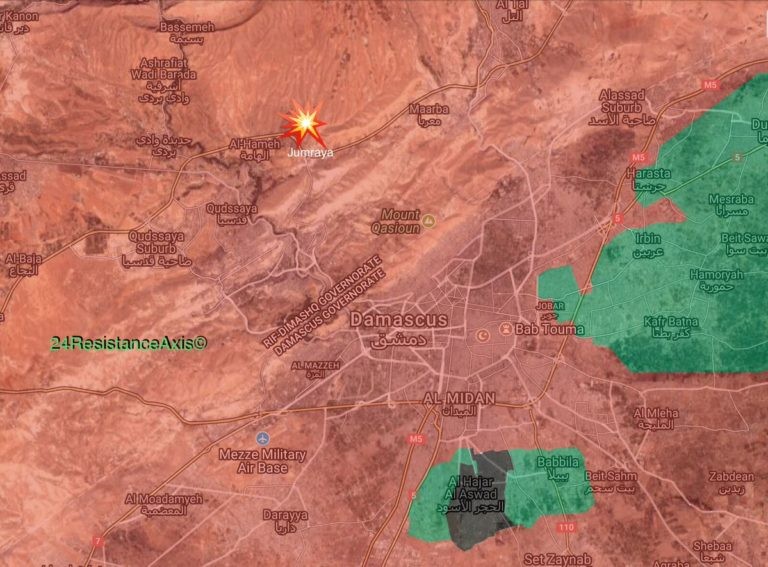 Vị trí vụ không kích của Israel trên hướng bắc thủ đô Syria, thành phố Damascus - ảnh South Front