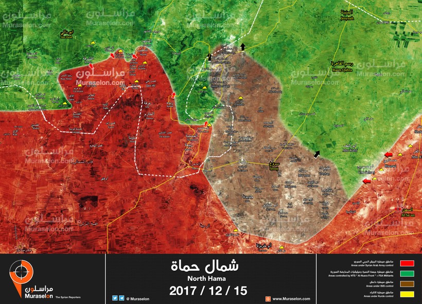 Các mũi tiến công ác liệt của quân đội Syria trên chiến trường Idlib, vòng tròn là cao điểm Tal SyriaTel, ảnh Muraselon